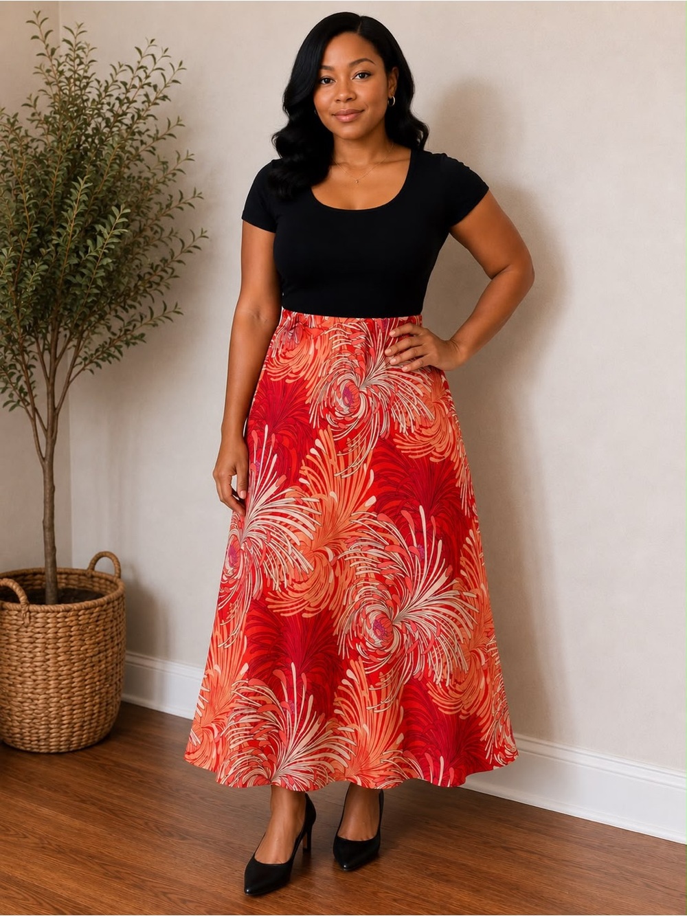 New York & Company Red and Pink Floral Swim Sarong
